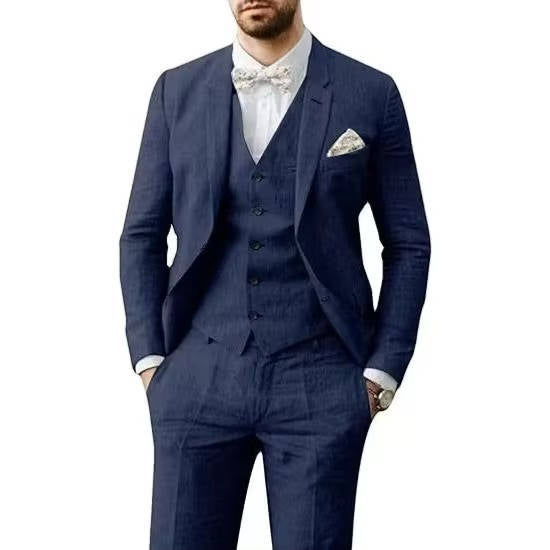 Men's Casual Linen Suit With Vest In Light Blue For Summer Weddings By Street-Wave Brand