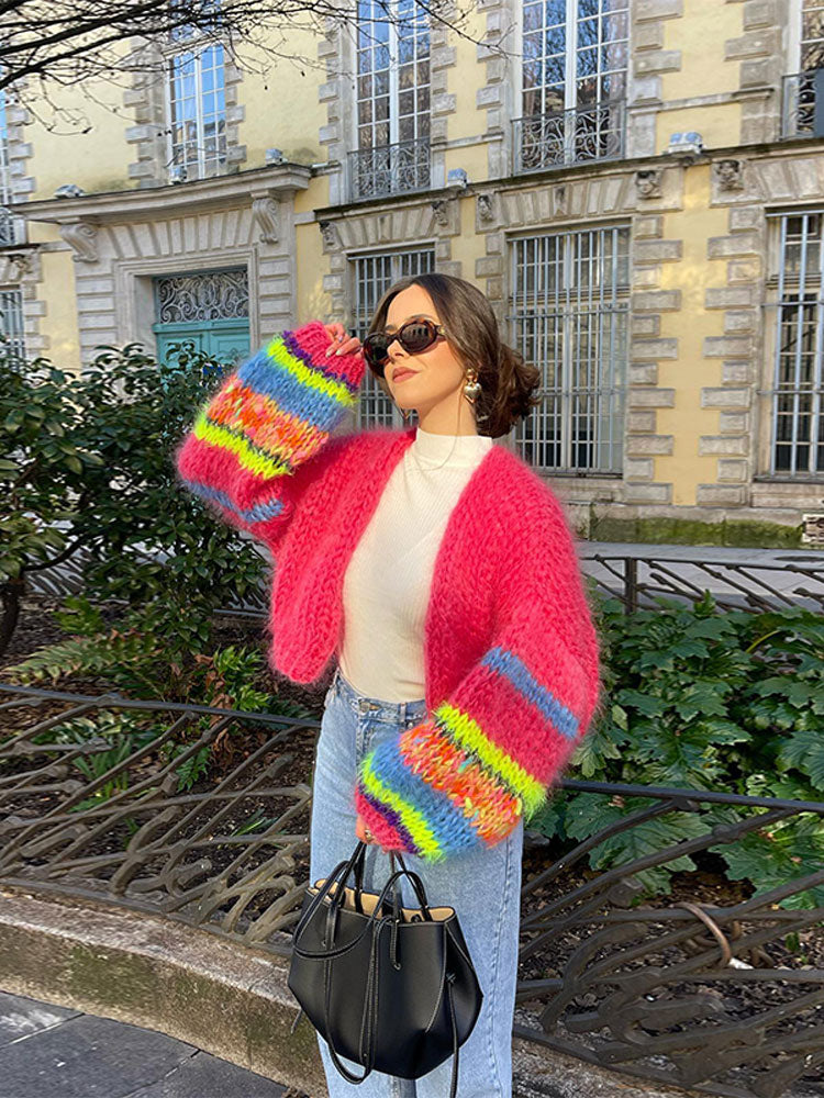Street-Wave Patchwork Knit Cardigan For Women Colorful Cozy Warmth Must-Have Layer