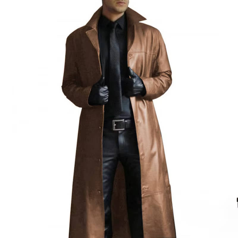 Mens Long Leather Trench Coat For Men Premium Full Grain Leather Classic Windproof Outerwear