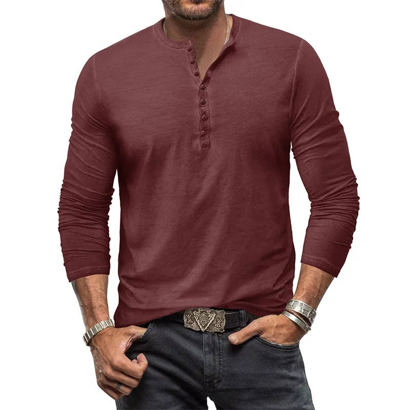 Street-Wave Mens Long Sleeve Henley Shirt Cotton Stretch Fit For Casual Everyday Wear