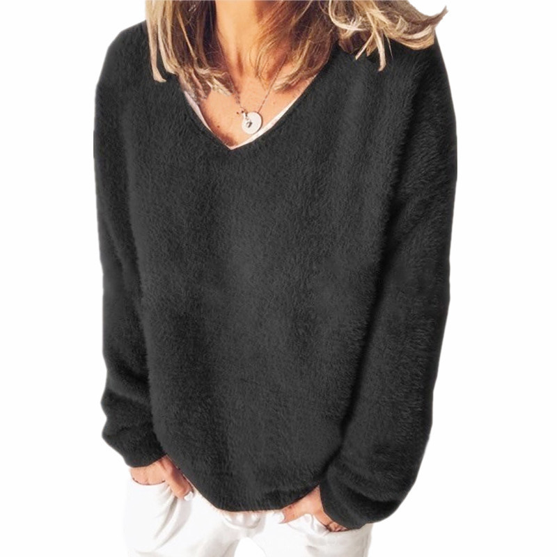 Street-wave V-Neck Fuzzy Knit Sweatshirt With Relaxed Fit For Casual Everyday Wear