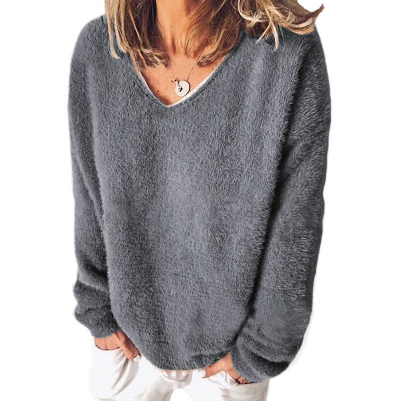 Street-wave V-Neck Fuzzy Knit Sweatshirt With Relaxed Fit For Casual Everyday Wear