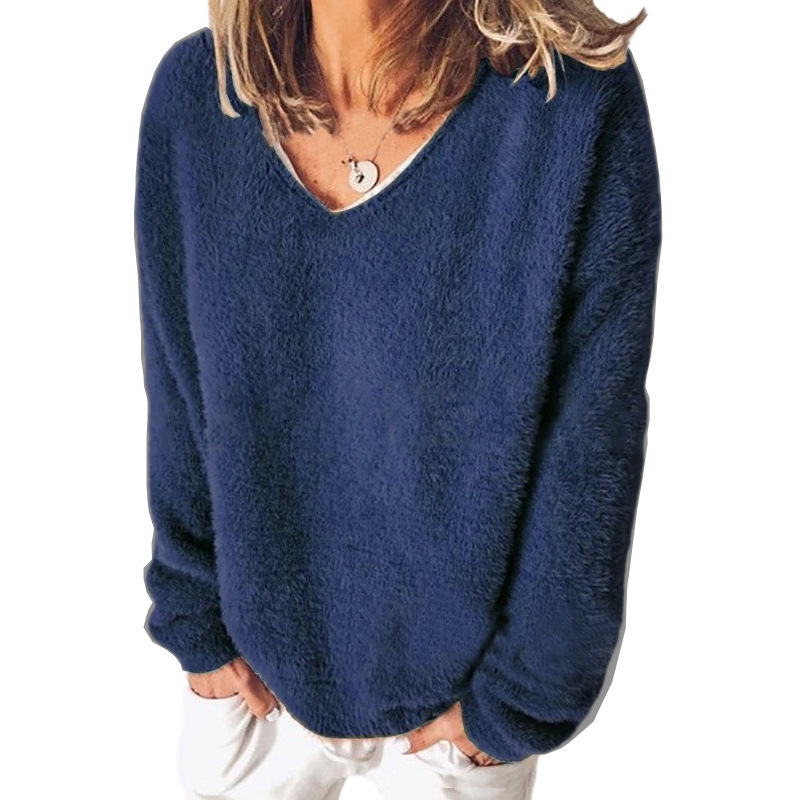 Street-wave V-Neck Fuzzy Knit Sweatshirt With Relaxed Fit For Casual Everyday Wear