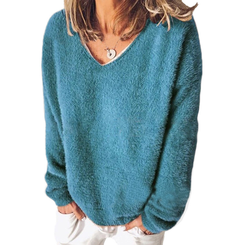 Street-wave V-Neck Fuzzy Knit Sweatshirt With Relaxed Fit For Casual Everyday Wear