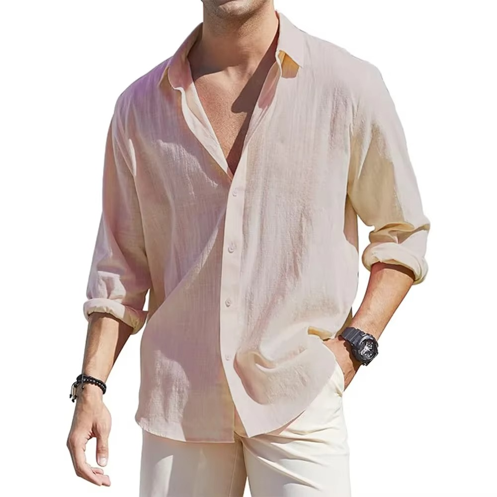 Mens Long Sleeve Linen Button Down Shirt For Cool Comfortable Everyday Style By Street-Wave