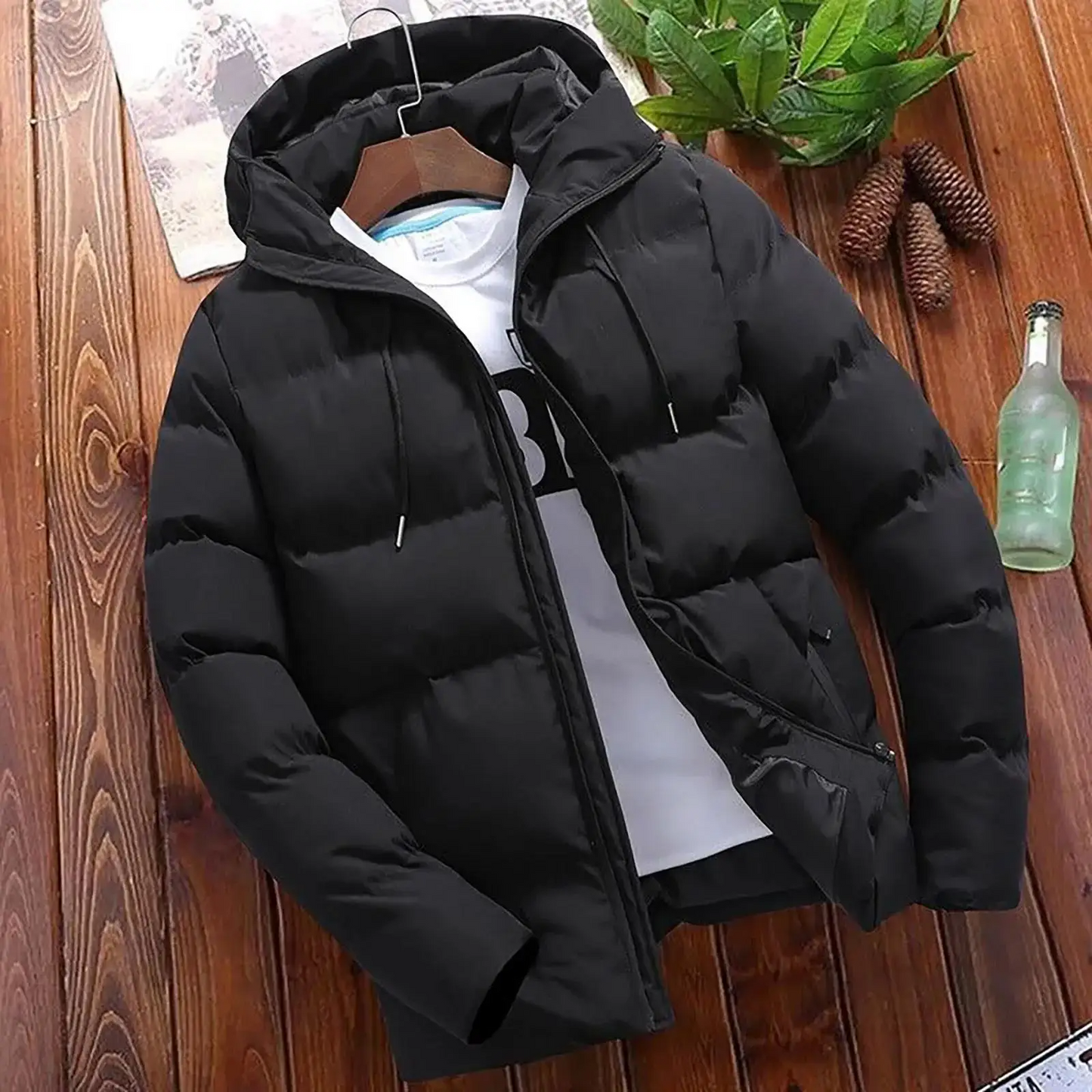 Men's Parka Jacket Quilted Insulated Hooded Regular Fit Zippered Warm Winter Outerwear