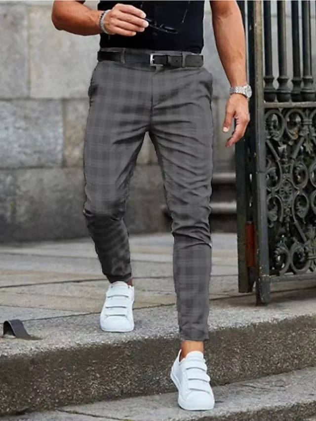 Men's Casual Checkered Pants Slim Fit Trousers for Work Weekend and Everyday Wear with Comfortable Stretch