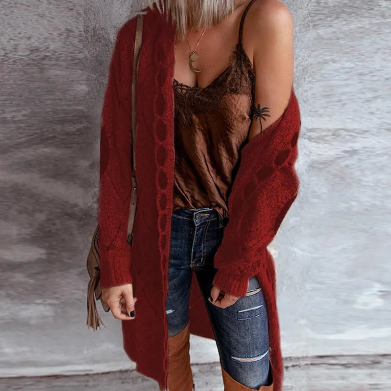 Street-wave Hooded Knit Cardigan For Women With Elegant Wine Harvest Style Cozy Sweater