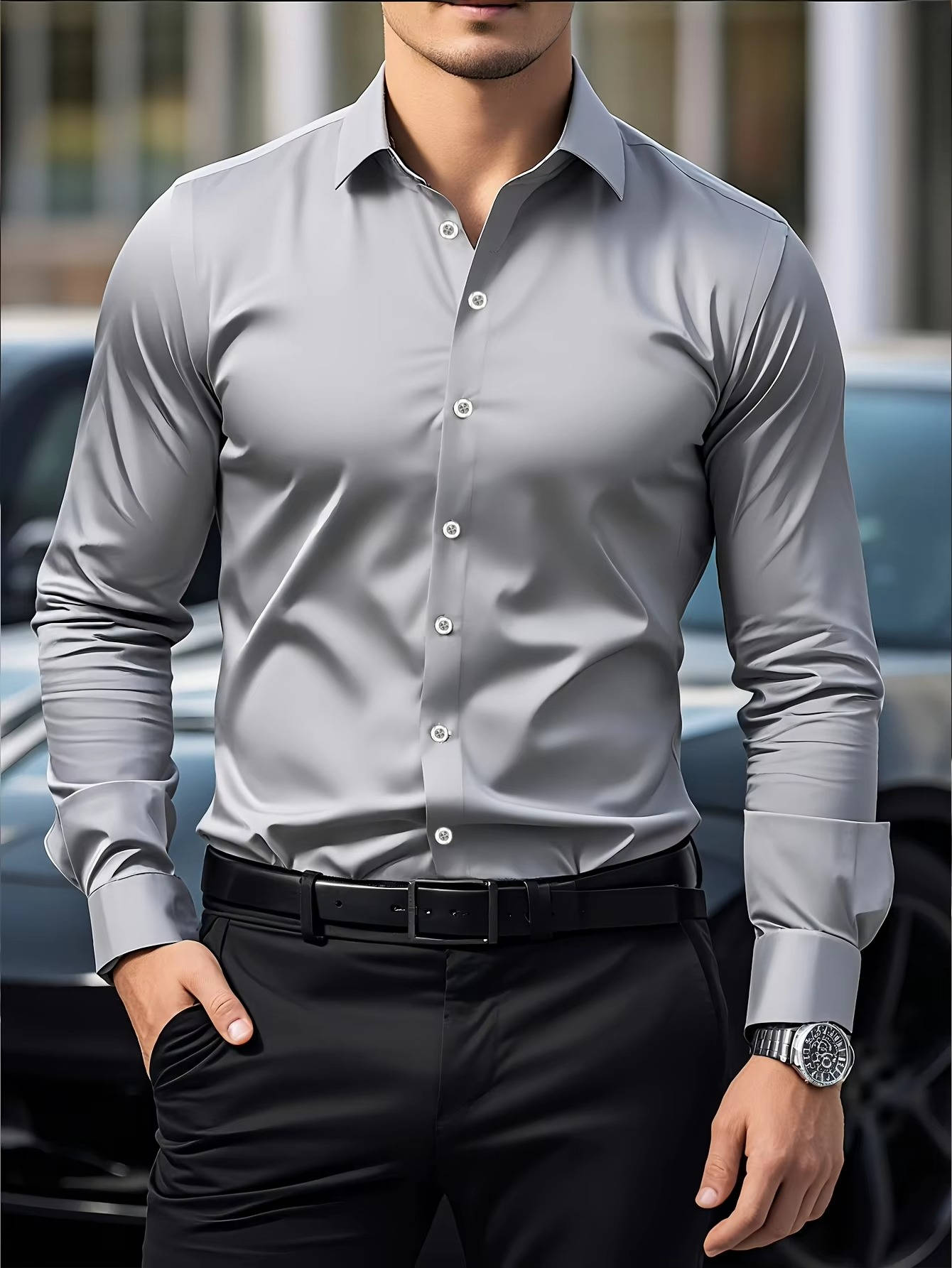 Street-Wave Mens Long Sleeve Button Down Shirt With Cuffs Slim Fit Dress Shirt For Office And Casual