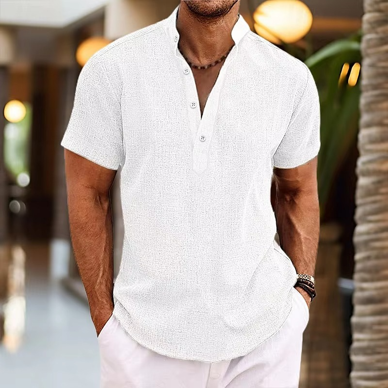 Men's Short Sleeve Linen Henley Shirt Casual Everyday Top With Button Placket Breathable Lightweight Fabric