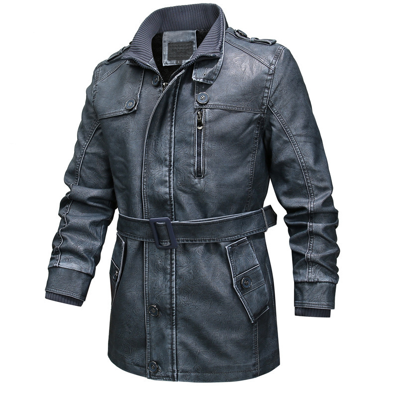 Mens Trench Coat Regular Fit Washed Leather Look Plush Lined Belted Waist Asymmetrical Zip Ribbed Collar Cuffs