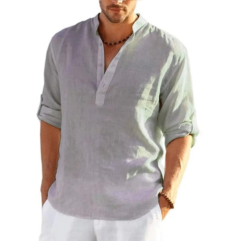 Men's Linen Henley Shirt With Rolled Sleeves Breathable Lightweight Casual Summer Style By Street-Wave