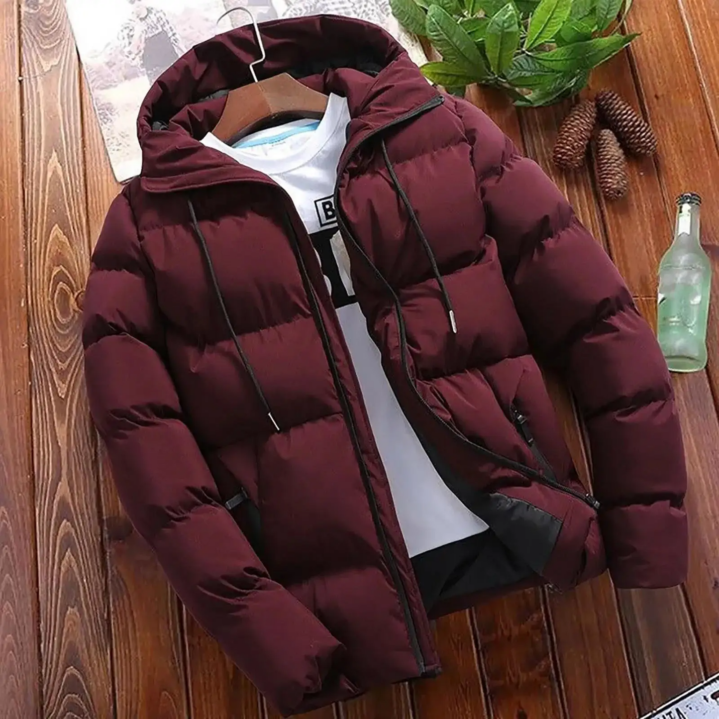 Men's Parka Jacket Quilted Insulated Hooded Regular Fit Zippered Warm Winter Outerwear