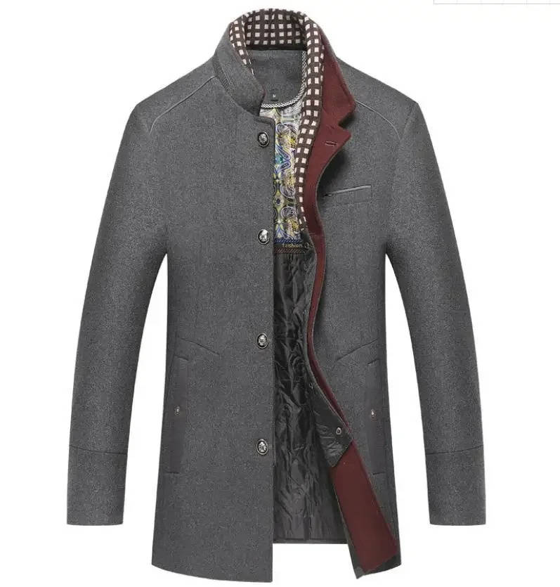 Street-Wave Mens Wool Coat With Stand Up Collar Navy Blue Button Front With Zip Pockets Classic Winter Outerwear