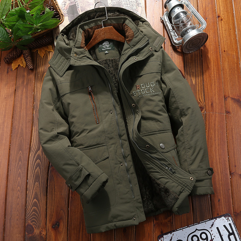 Street-Wave Men's Hooded Winter Coat With Plush Lining, Loose Fit, Mid-Thigh Length, Multiple Pockets