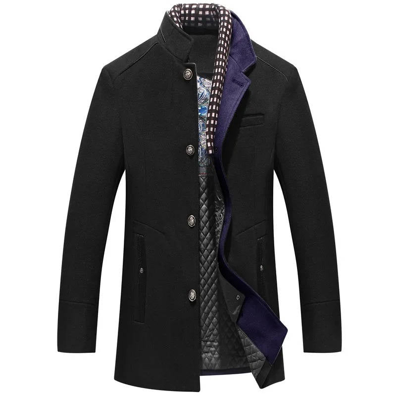 Street-Wave Mens Wool Coat With Stand Up Collar Navy Blue Button Front With Zip Pockets Classic Winter Outerwear