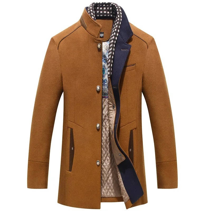 Street-Wave Mens Wool Coat With Stand Up Collar Navy Blue Button Front With Zip Pockets Classic Winter Outerwear