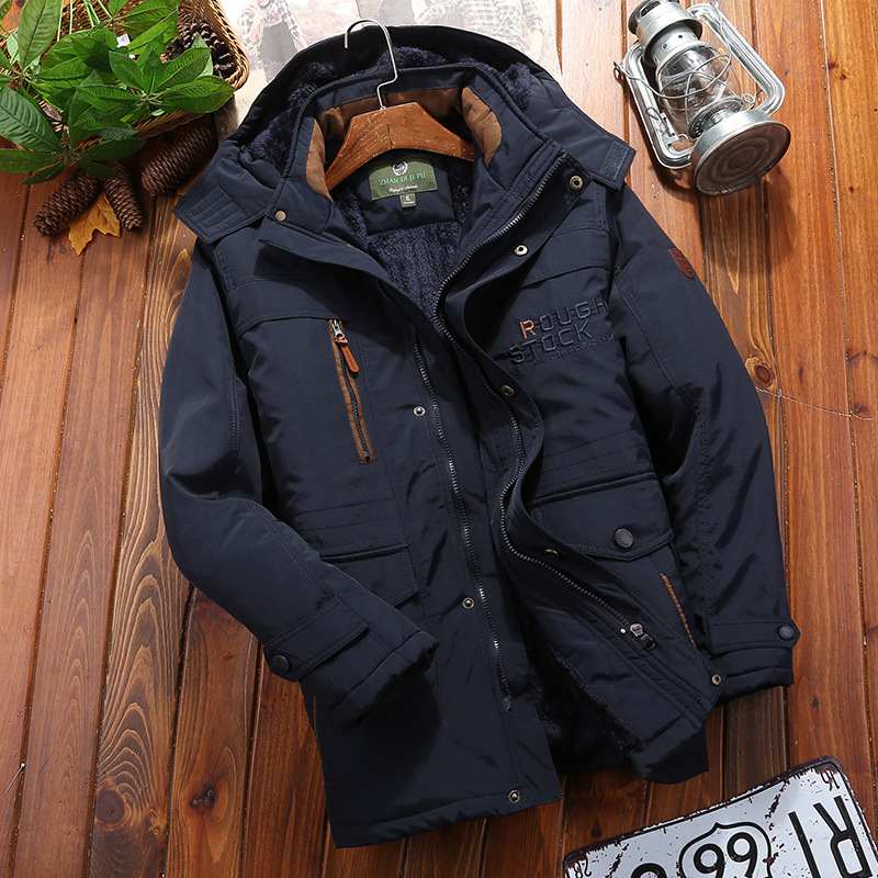 Street-Wave Men's Hooded Winter Coat With Plush Lining, Loose Fit, Mid-Thigh Length, Multiple Pockets