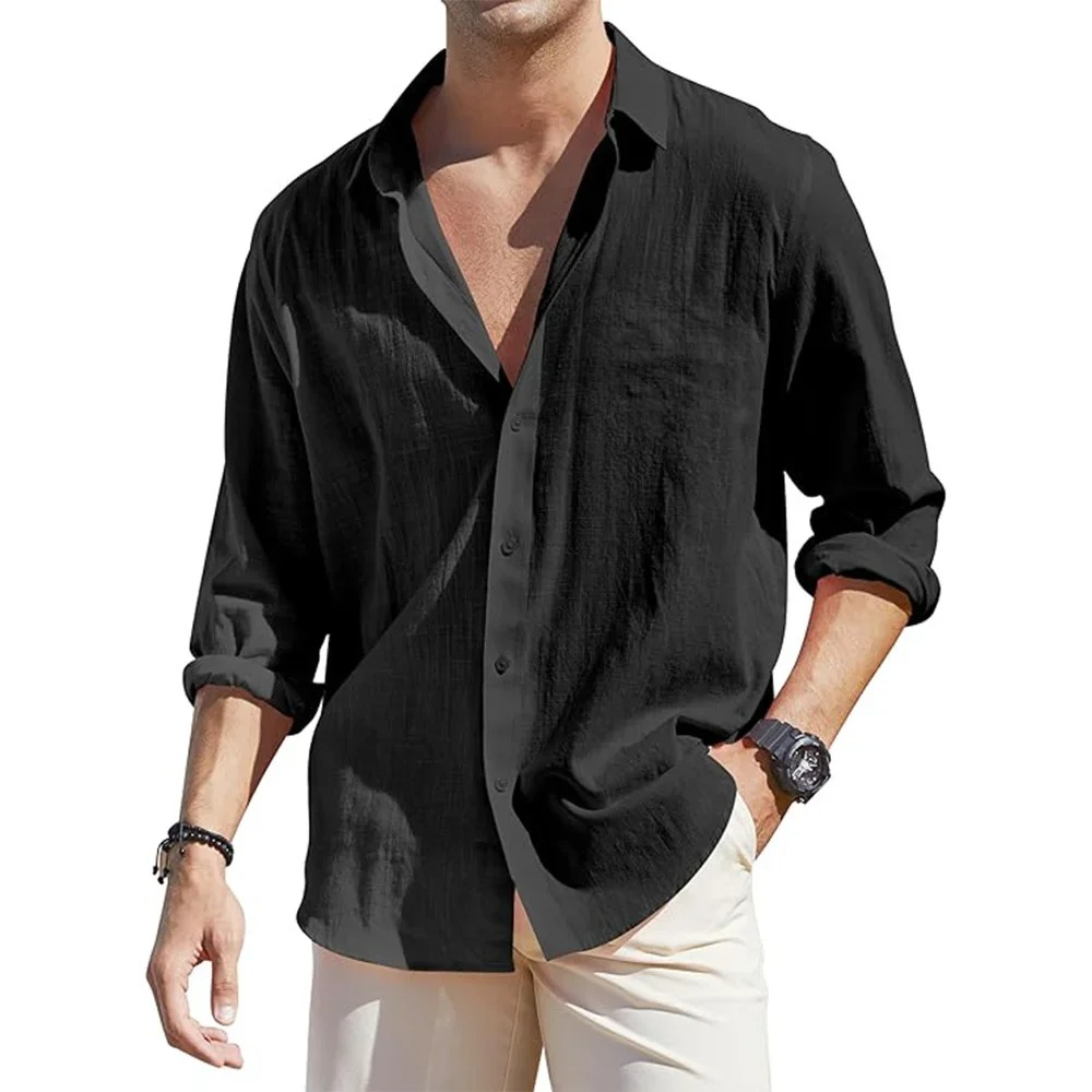 Mens Long Sleeve Linen Button Down Shirt For Cool Comfortable Everyday Style By Street-Wave