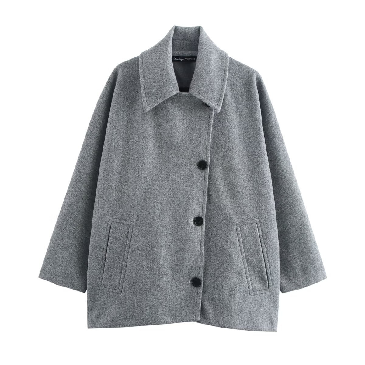 Street Wave Oversized Wool Look Coat For Women With Batwing Sleeves Notched Collar Button Closure