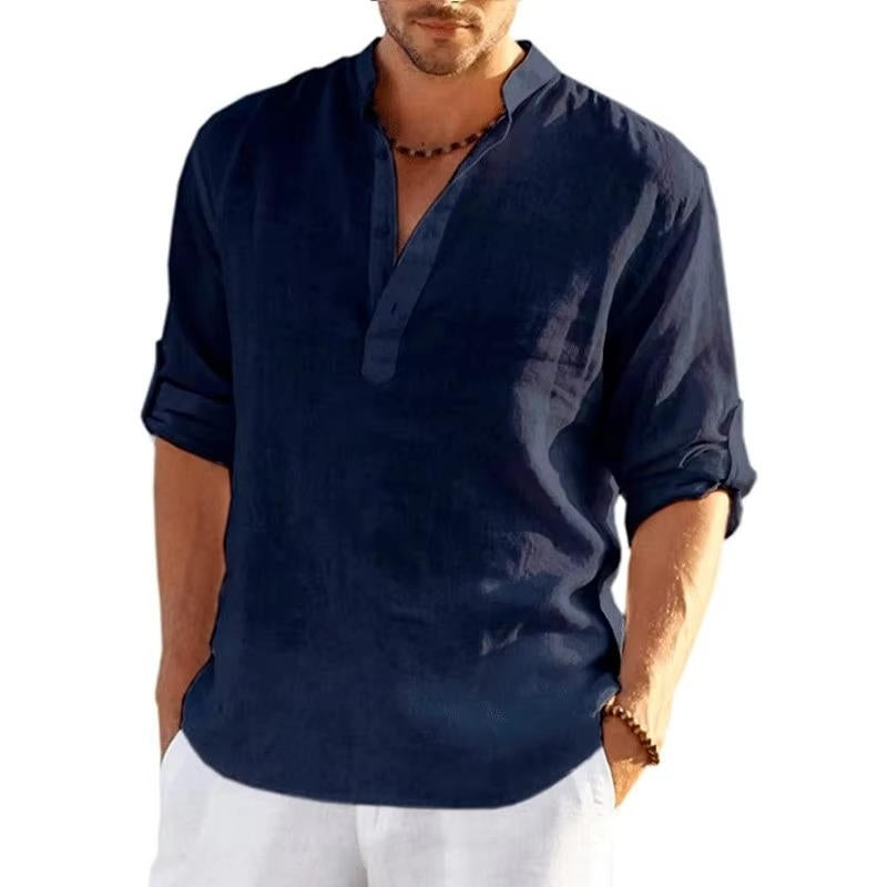 Men's Linen Henley Shirt With Rolled Sleeves Breathable Lightweight Casual Summer Style By Street-Wave