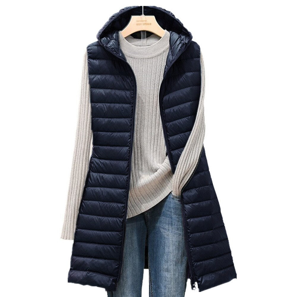 Street-Wave Hooded Puffer Jacket For Women Lightweight Down Fill Warm Cozy Mid Length Coat