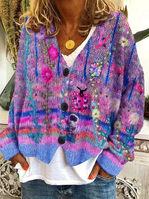 Street-Wave Printed Cardigan For Women With Colorful Knit Pattern Cozy Boho Layering