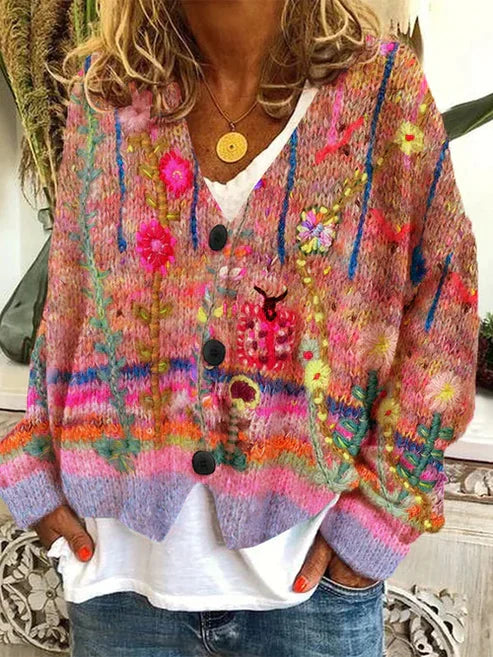 Street-Wave Printed Cardigan For Women With Colorful Knit Pattern Cozy Boho Layering