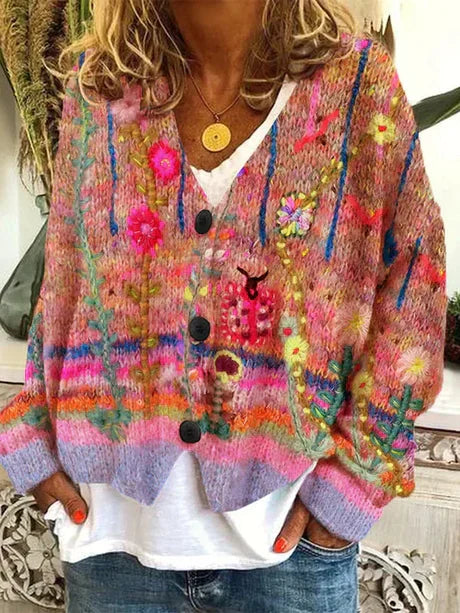 Street-Wave Retro Cardigan For Women Cozy Autumn Knit With Colorful Floral Design Eco Friendly