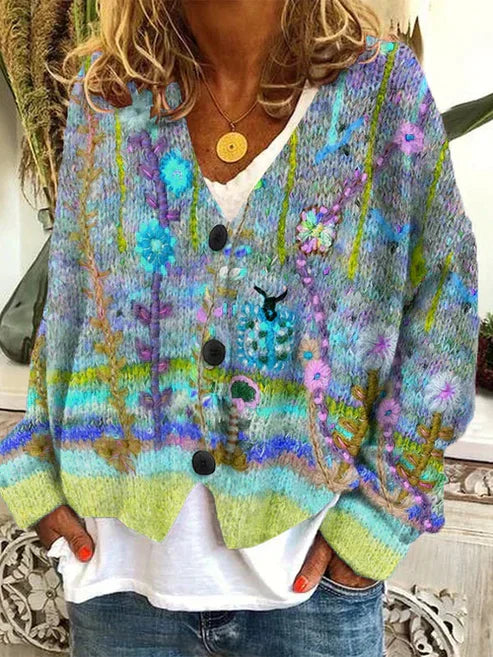 Street-Wave Printed Cardigan For Women With Colorful Knit Pattern Cozy Boho Layering