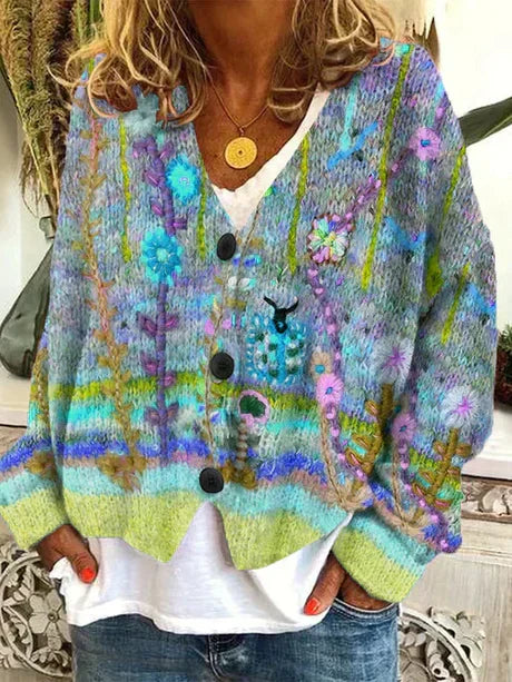 Street-Wave Retro Cardigan For Women Cozy Autumn Knit With Colorful Floral Design Eco Friendly