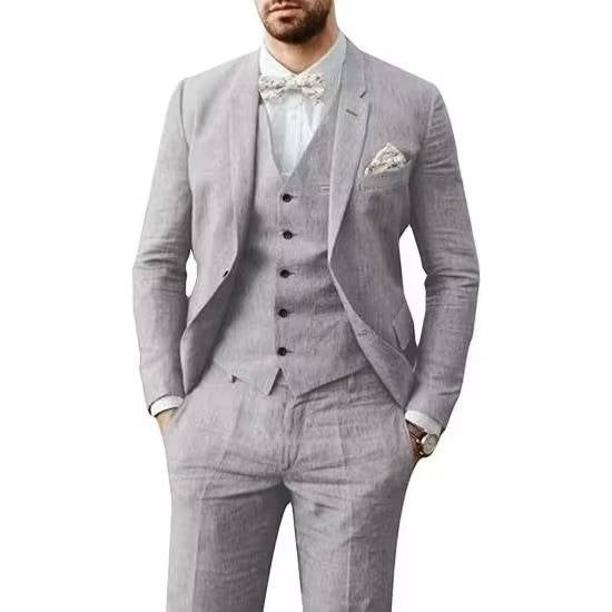 Men's Casual Linen Suit With Vest In Light Blue For Summer Weddings By Street-Wave Brand