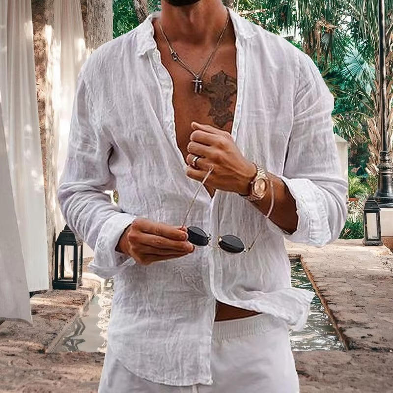 Street-Wave Mens Linen Long Sleeve Shirt Breathable Lightweight Casual Daily Wear Top Natural Beige