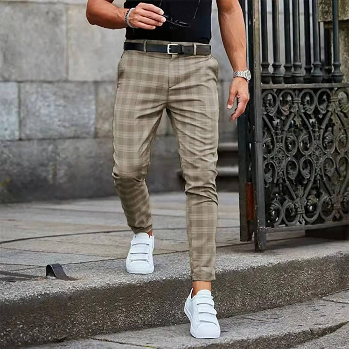 Men's Casual Checkered Pants Slim Fit Trousers for Work Weekend and Everyday Wear with Comfortable Stretch