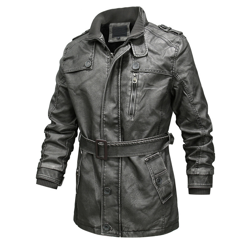 Mens Trench Coat Regular Fit Washed Leather Look Plush Lined Belted Waist Asymmetrical Zip Ribbed Collar Cuffs