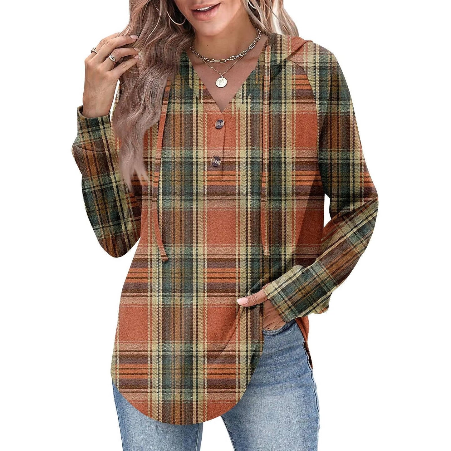 Womens Tops V Neck Button Sweatshirt with Hood