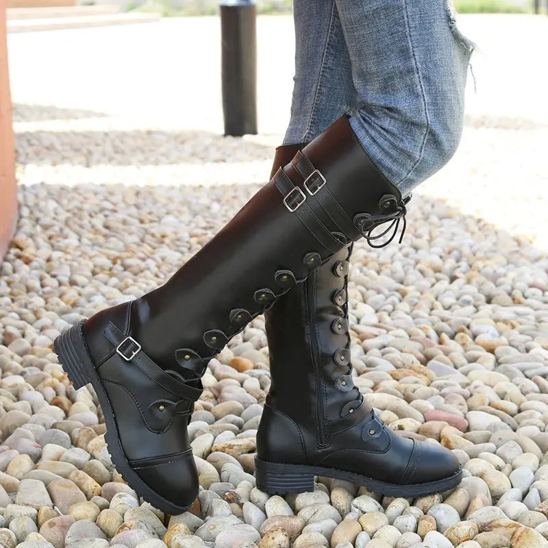 Street Wave Ritter Knee High Biker Boots With Belt Buckle Cross Straps For Women Who Love Edgy Style