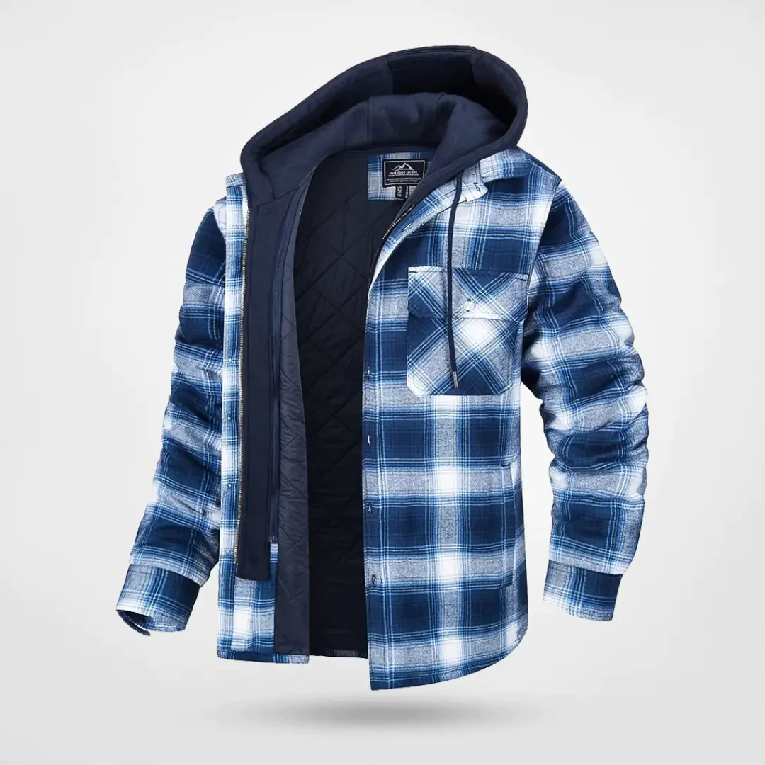 Men's Hooded Checkered Coat With Quilted Lining For Cold Weather, Relaxed Fit, Button Front