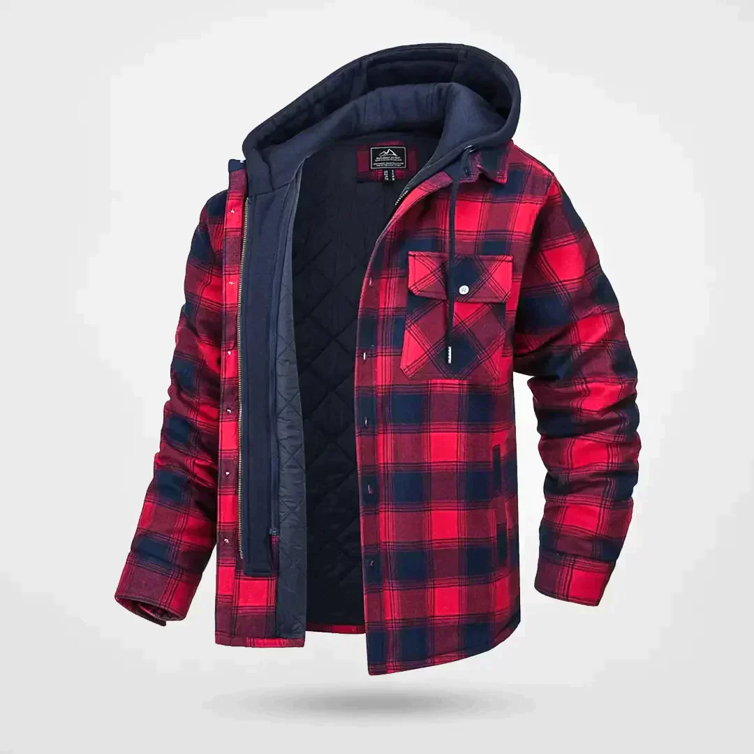 Men's Hooded Checkered Coat With Quilted Lining For Cold Weather, Relaxed Fit, Button Front