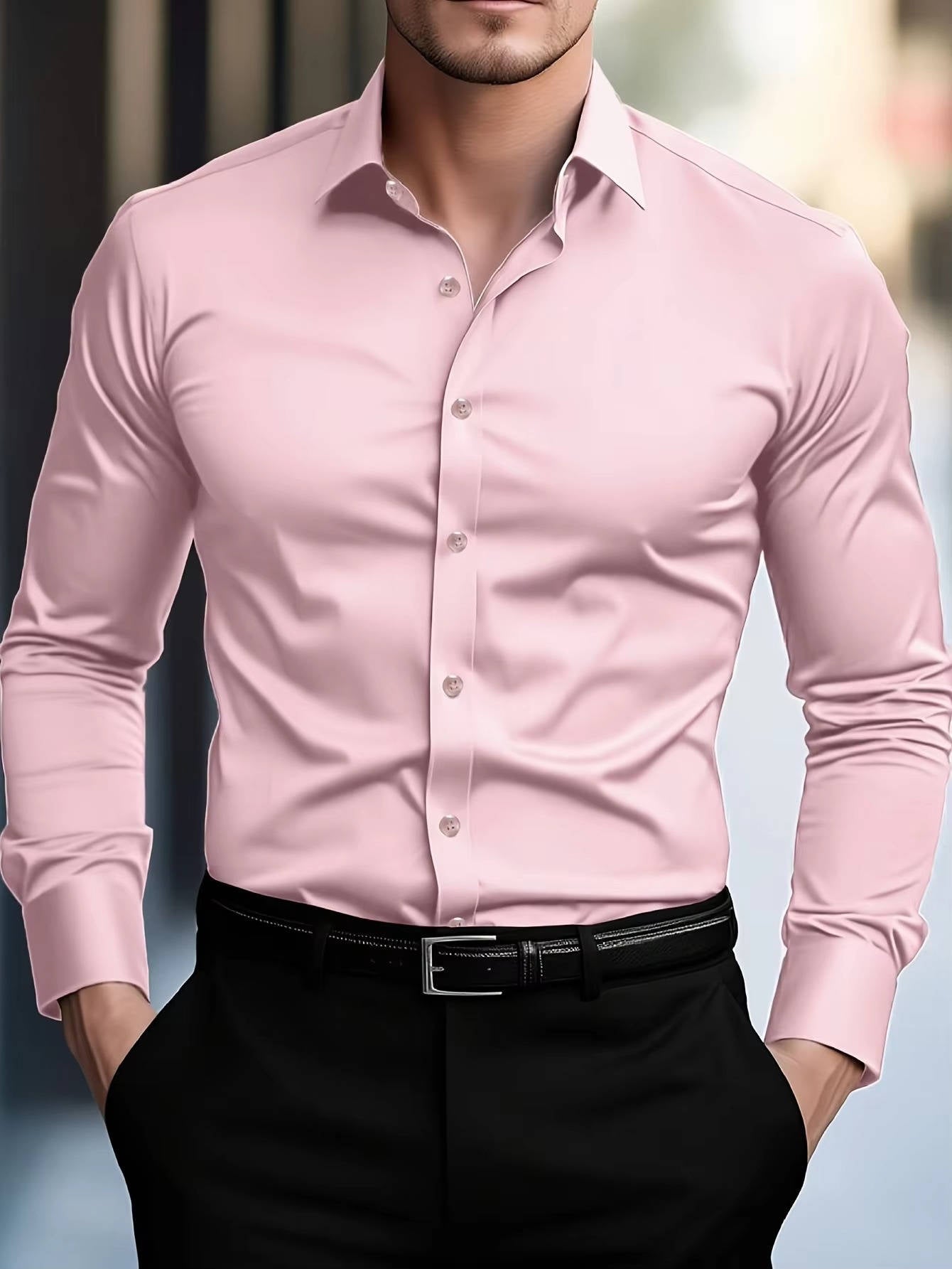 Street-Wave Mens Long Sleeve Button Down Shirt With Cuffs Slim Fit Dress Shirt For Office And Casual