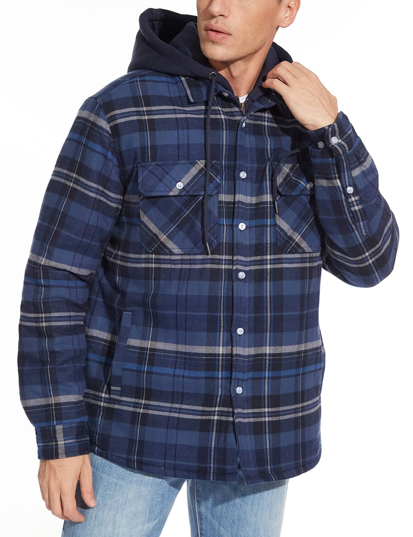 Street-Wave Mens Hooded Plaid Bomber Jacket With Zip Front And Warm Lining For Everyday Wear