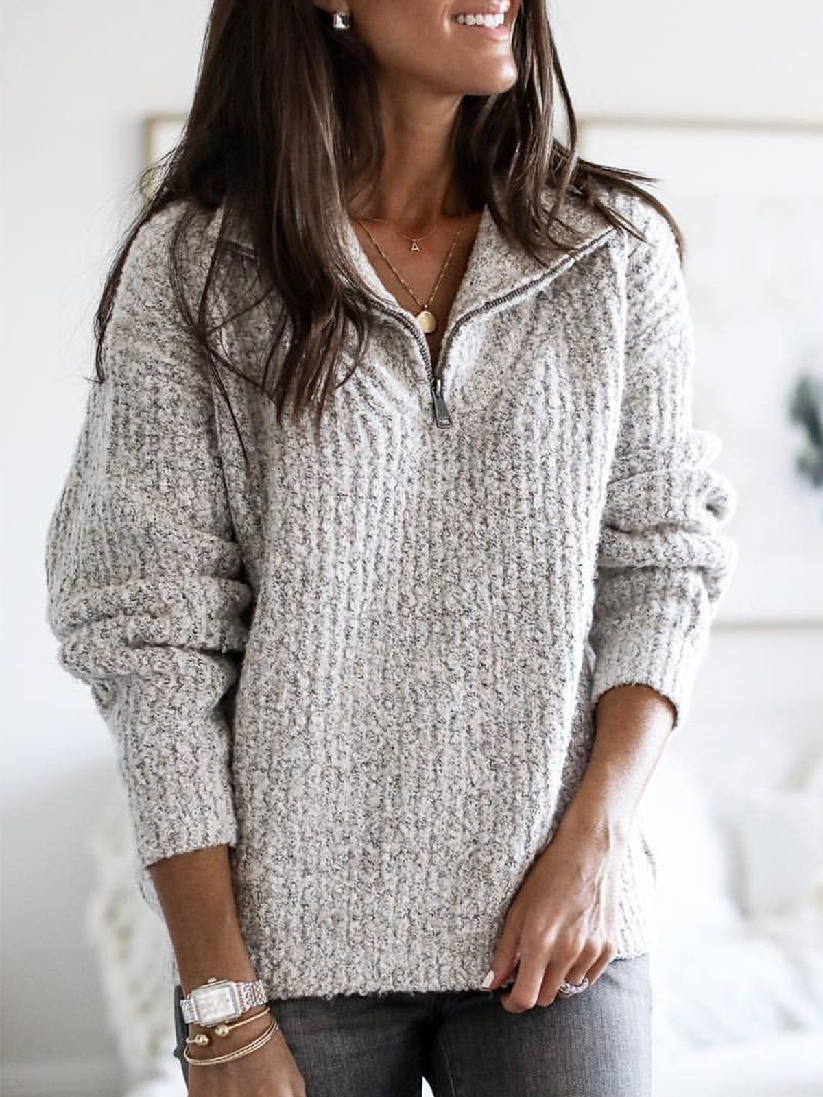 Street-Wave Women's Textured Knit Half Zip Pullover With Stand Collar For Cozy Warmth And Layering