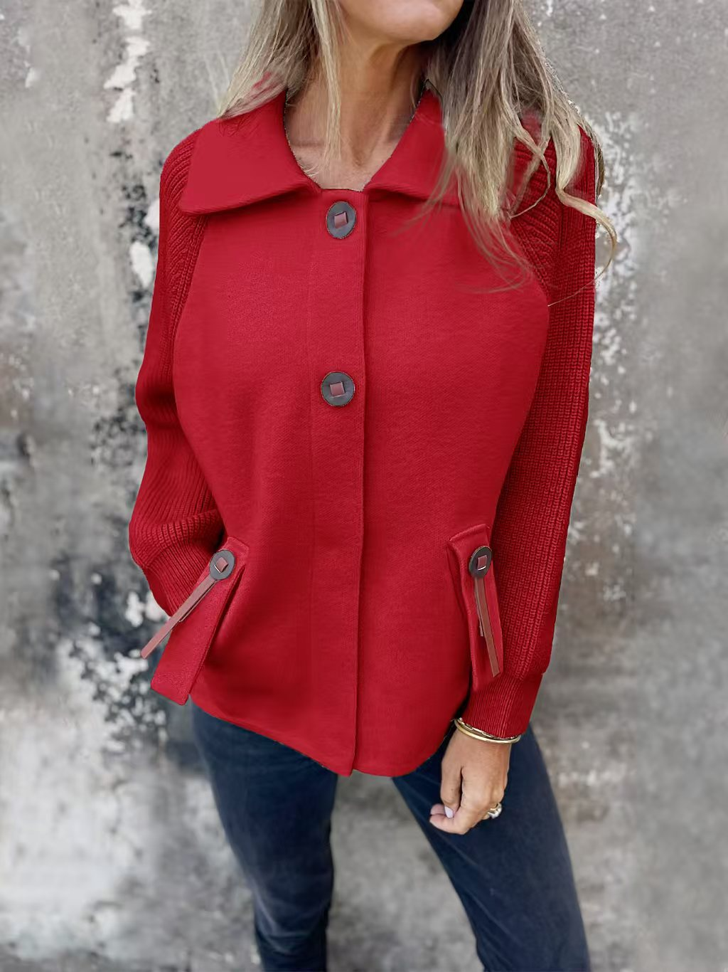 Street-wave Coat With Relaxed Fit Knit Sleeves Lapel Collar Button Closure Flap Pockets For Women