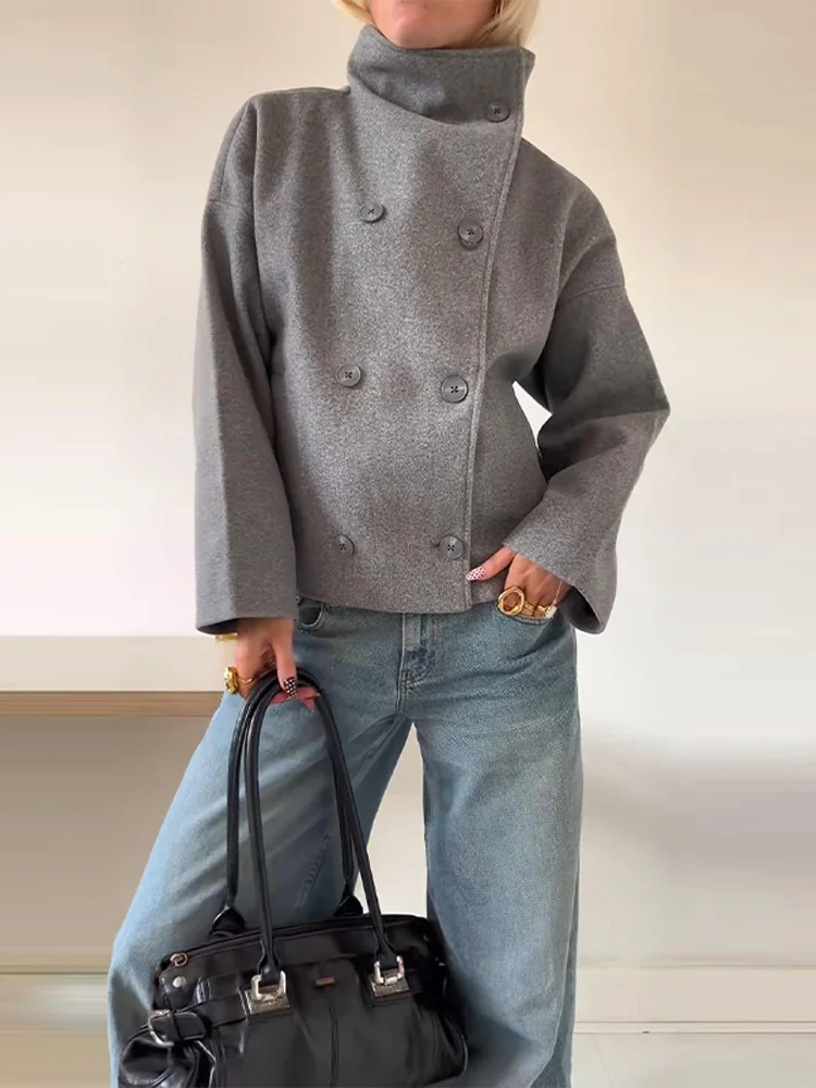 Street-wave Wool Blend Jacket With High Collar And Double Button Closure Elegant Urban Outerwear For Trendsetters