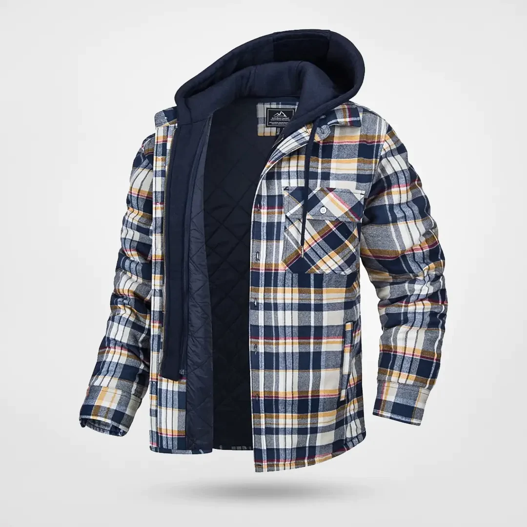 Men's Hooded Checkered Coat With Quilted Lining For Cold Weather, Relaxed Fit, Button Front