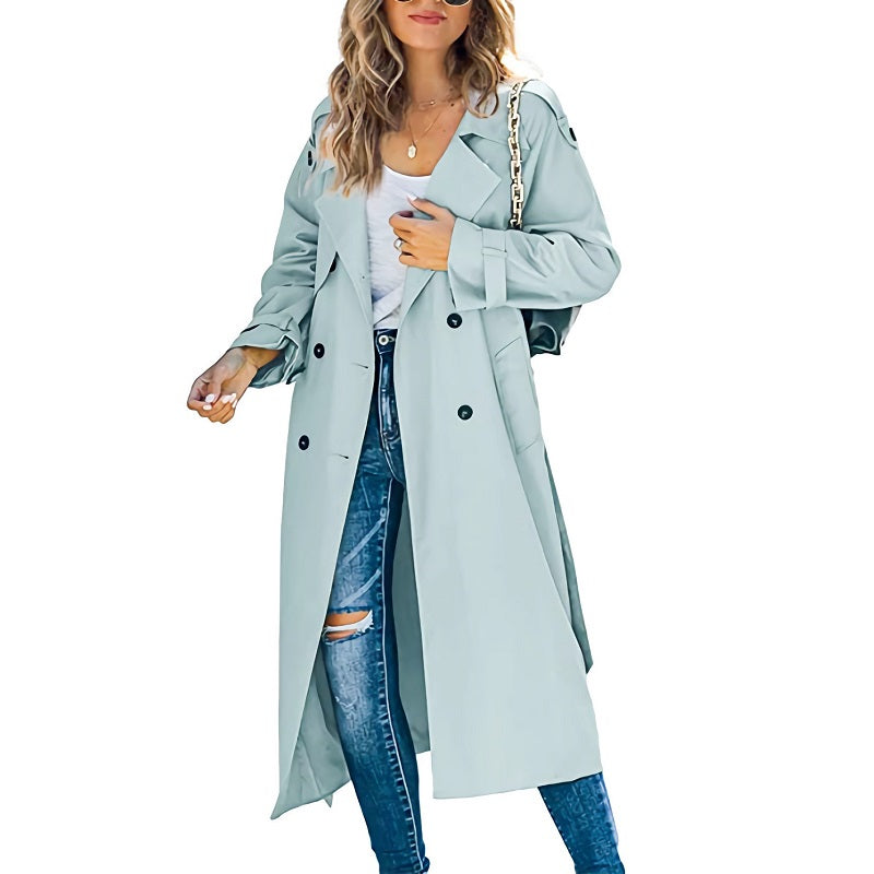Streetwave Women Trench Coat Belted Waist With Double Breasted Buttons Chic Longline Coat For Fashion Forward Women