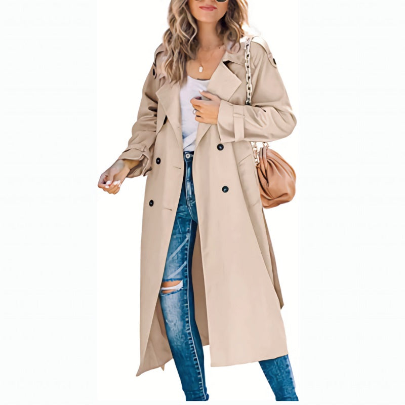Streetwave Women Trench Coat Belted Waist With Double Breasted Buttons Chic Longline Coat For Fashion Forward Women