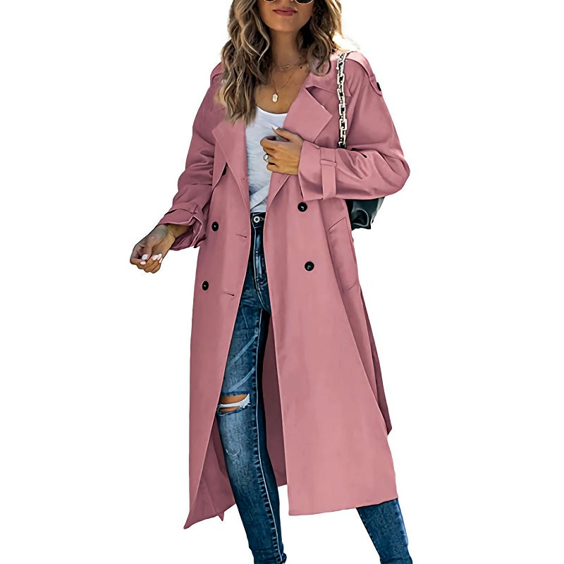 Streetwave Women Trench Coat Belted Waist With Double Breasted Buttons Chic Longline Coat For Fashion Forward Women