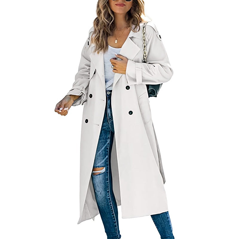 Streetwave Women Trench Coat Belted Waist With Double Breasted Buttons Chic Longline Coat For Fashion Forward Women