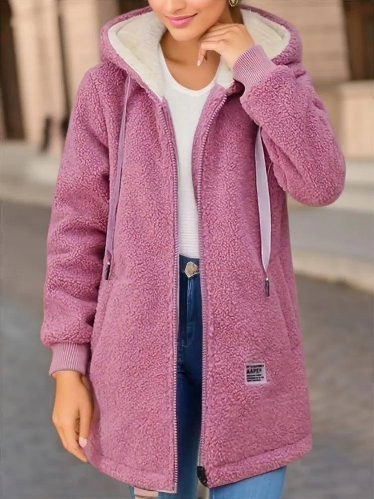 Street-wave Women Mid-Length Fleece Coat With Hood Zip Front Cozy Warmth For Everyday Wear